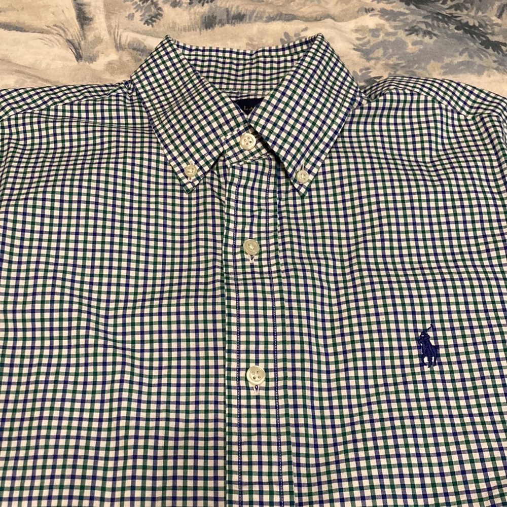 Polo Ralph Lauren Navy and Green Plaid Check Button Dress Shirt Medium